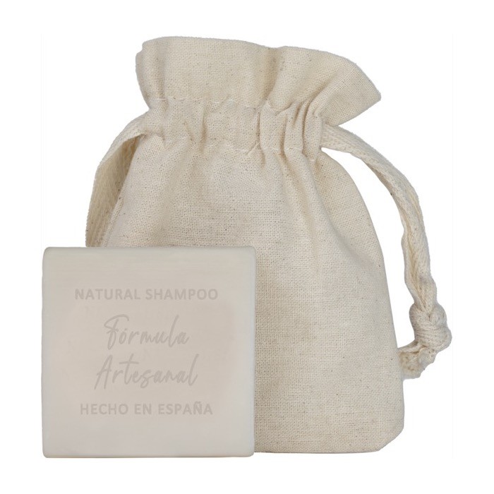 Champú vegetal en barra solida presentado en bolsa de algodón 40g color blanco primera vista Champú vegetal en barra solida presentado en bolsa de algodón 40g color blanco primera vista