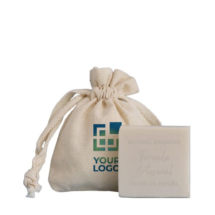 Champú vegetal en barra solida presentado en bolsa de algodón 40g color blanco vista principal Champú vegetal en barra solida presentado en bolsa de algodón 40g color blanco vista principal