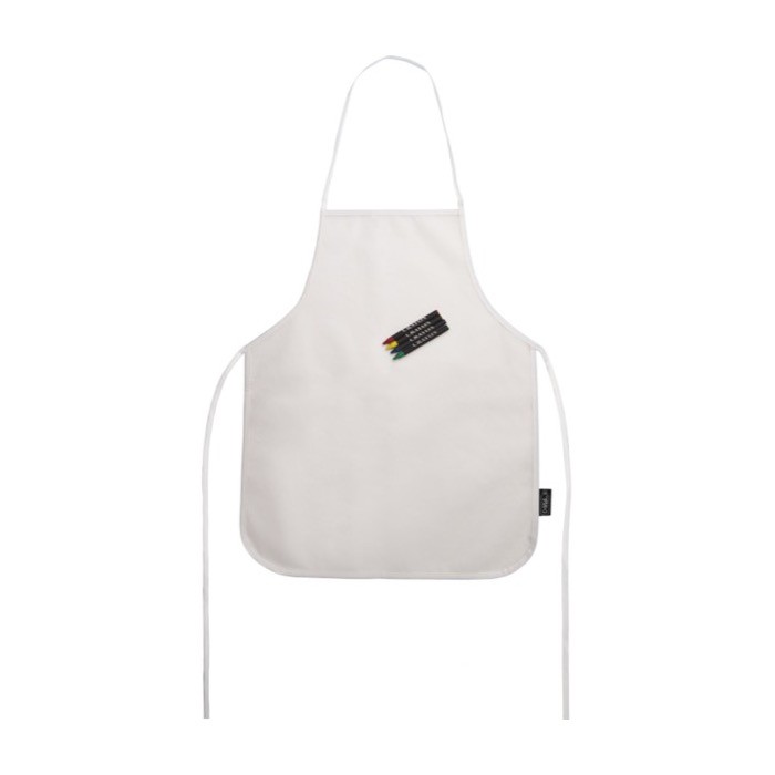 Set de delantal de non woven para niños con ceras para colorear color blanco primera vista Set de delantal de non woven para niños con ceras para colorear color blanco primera vista