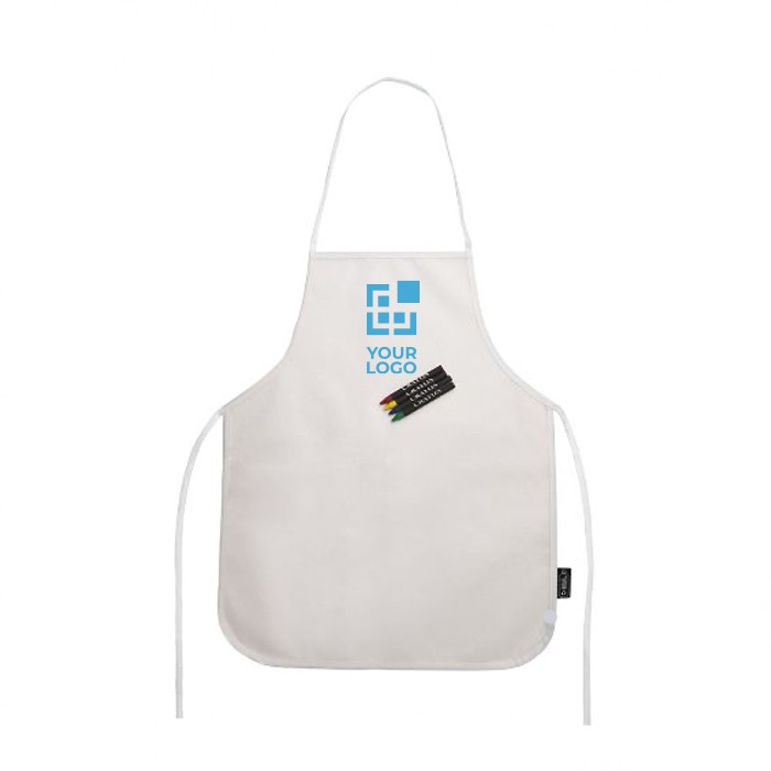 Set de delantal de non woven para niños con ceras para colorear color blanco vista principal Set de delantal de non woven para niños con ceras para colorear color blanco vista principal