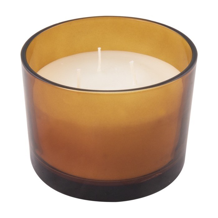 Vela de cera vegetal y parafina con 3 mechas en tarro de vidrio color naranja tercera vista