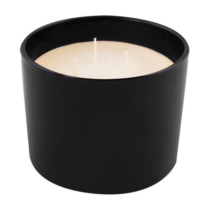 Vela de cera vegetal y parafina con 3 mechas en tarro de vidrio color negro primera vista