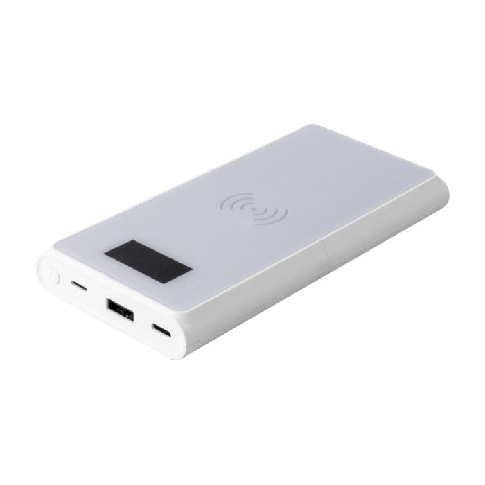 Powerbank de plástico reciclado 10.000 mAh con carga inalámbrica 5W color blanco segunda vista Powerbank de plástico reciclado 10.000 mAh con carga inalámbrica 5W color blanco segunda vista