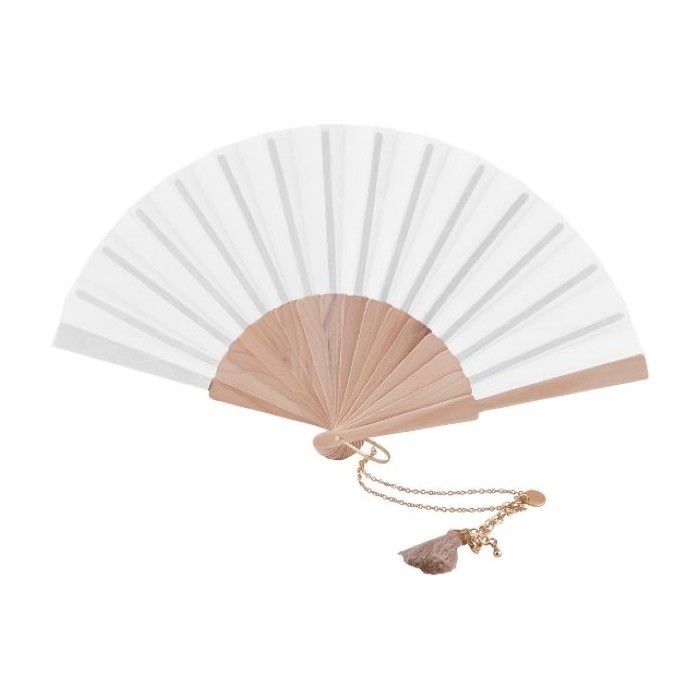 Abanico de 23 cm con pulsera dorada y pompón decorativo color natural primera vista