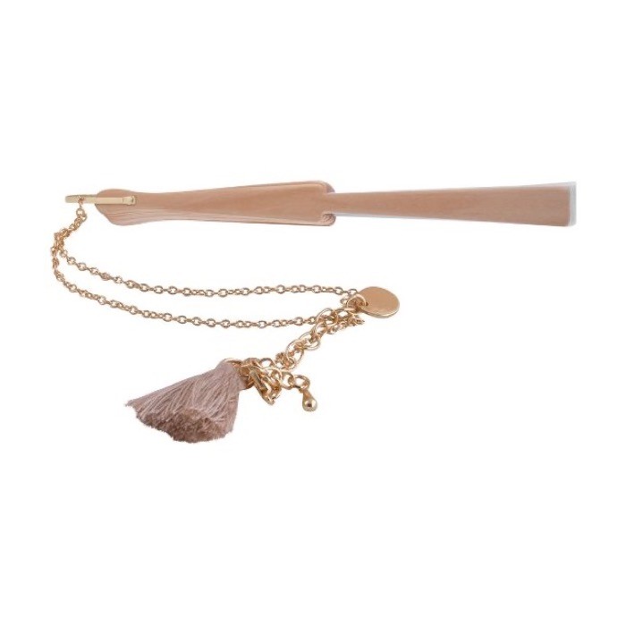 Abanico de 23 cm con pulsera dorada y pompón decorativo color natural segunda vista