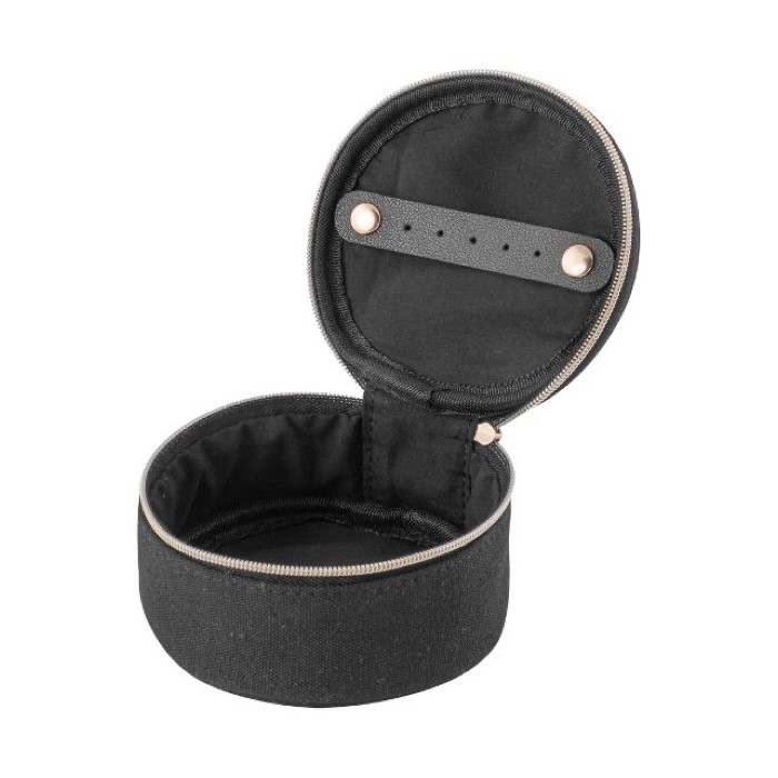 Joyero redondo para viajes de algodón reciclado con cremallera color negro primera vista Joyero redondo para viajes de algodón reciclado con cremallera color negro primera vista