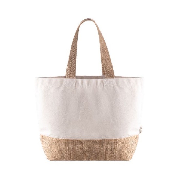 Bolsa de algodón reciclado con base y asa de yute 320 g/m2 color natural primera vista