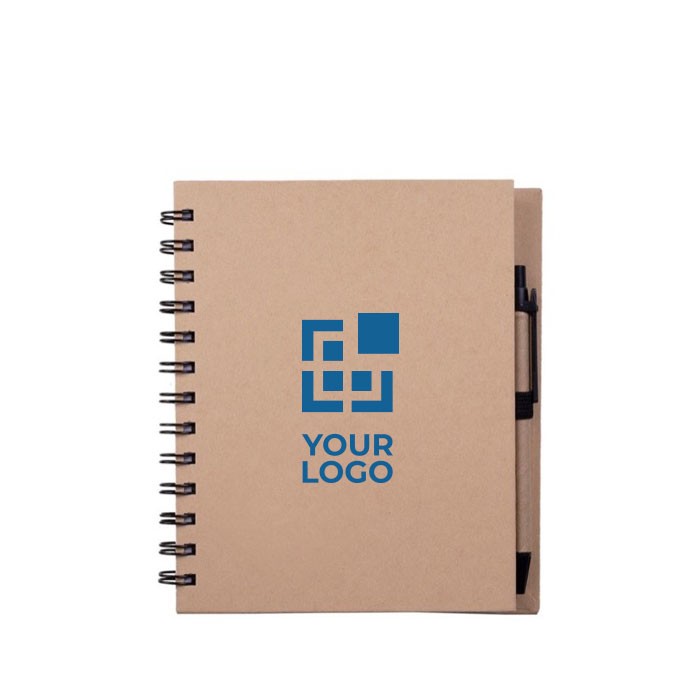 Libreta con bolígrafo de tinta azul y papel reciclado de hojas lisas color natural vista principal