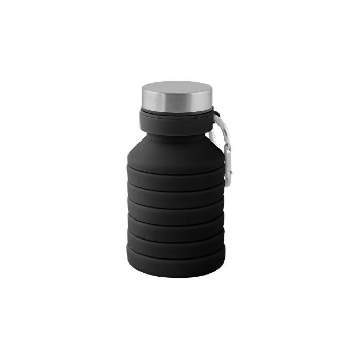 Botella de silicona con cuerpo plegable y tapón de metal 500ml color negro segunda vista Botella de silicona con cuerpo plegable y tapón de metal 500ml color negro segunda vista