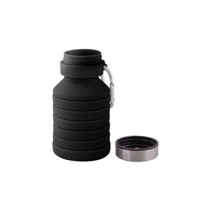 Botella de silicona con cuerpo plegable y tapón de metal 500ml color negro tercera vista Botella de silicona con cuerpo plegable y tapón de metal 500ml color negro tercera vista