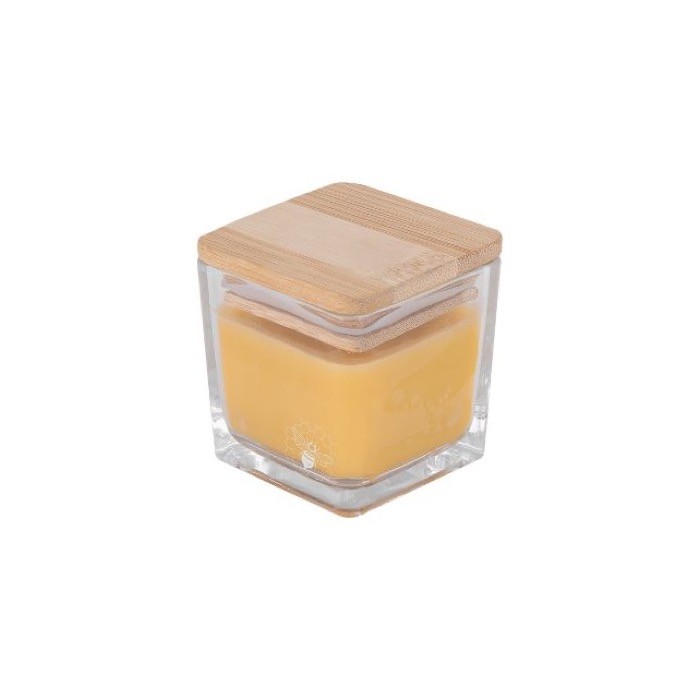 Vela de cera de abeja y vegetal con diseño de abeja en el tarro color amarillo tercera vista