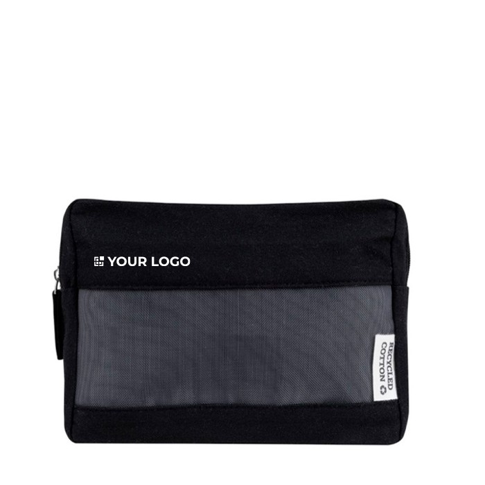 Neceser de canvas reciclado con rejilla en la parte frontal color negro vista principal Neceser de canvas reciclado con rejilla en la parte frontal color negro vista principal