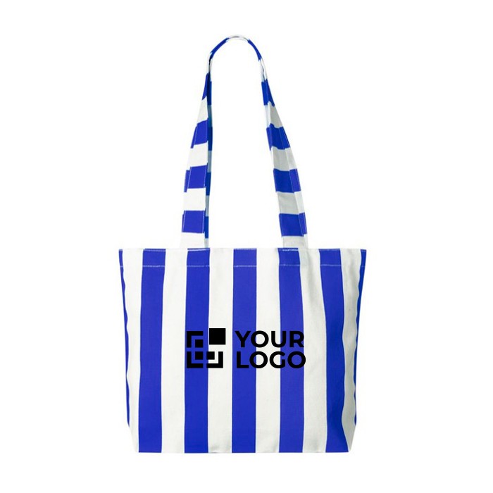 Bolsa para la playa de algodón reciclado con diseño a rayas color azul real vista principal Bolsa para la playa de algodón reciclado con diseño a rayas color azul real vista principal