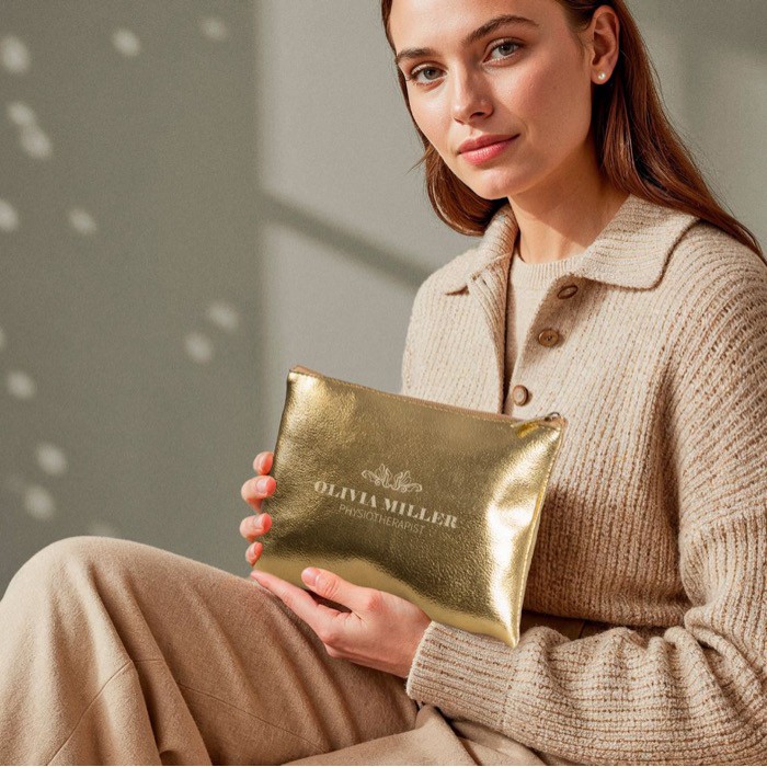 Neceser compacto de PU con acabado dorado y cremallera a juego color dorado cuarta vista