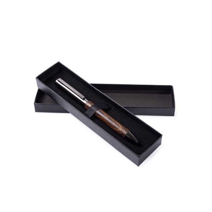 Bolígrafo elegante de madera de mecanismo giratorio con tinta azul color madera oscura vista detalle