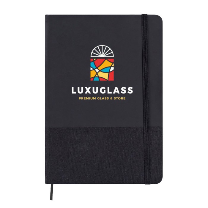 Libreta de cuero sintético y RPET con hojas color crema a rayas A5 color negro quinta vista Libreta de cuero sintético y RPET con hojas color crema a rayas A5 color negro quinta vista