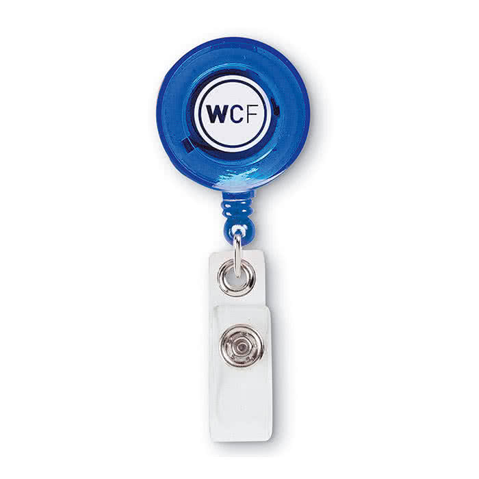 Clip de identificador de ferias color Azul cuarta vista con logo Clip de identificador de ferias color Azul cuarta vista con logo