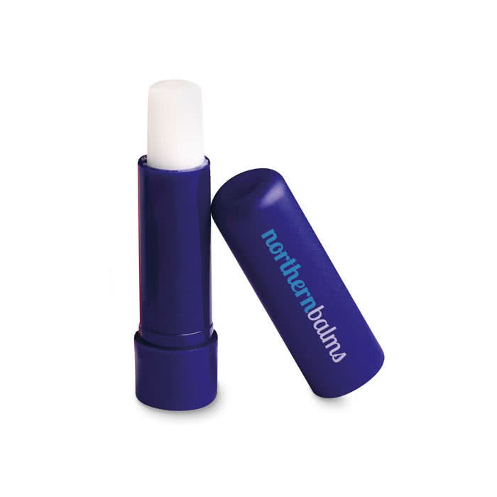 Bálsamo labial personalizado con logo color Azul cuarta vista con logo Bálsamo labial personalizado con logo color Azul cuarta vista con logo
