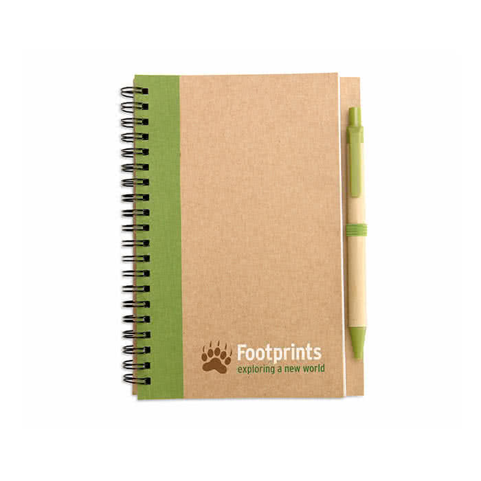 Libreta de papel reciclado con detalle de color color Lima cuarta vista con logo Libreta de papel reciclado con detalle de color color Lima cuarta vista con logo