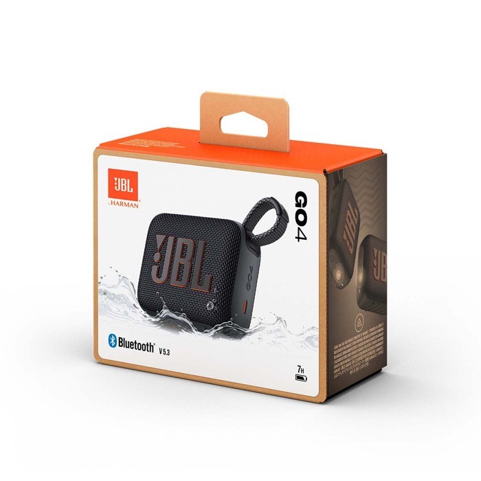 Altavoz JBL Go 4 colorido y pequeño con una potencia de 4.2W color negro vista con caja Altavoz JBL Go 4 colorido y pequeño con una potencia de 4.2W color negro vista con caja