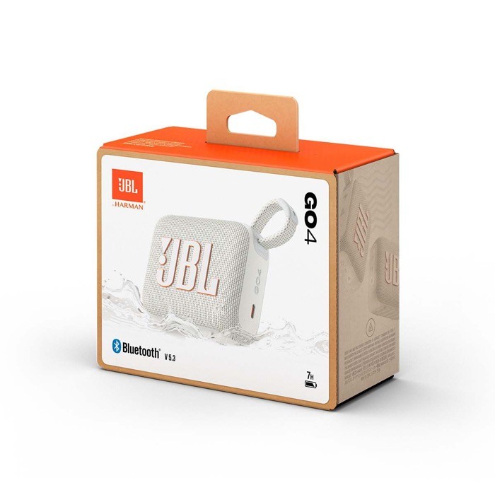 Altavoz JBL Go 4 colorido y pequeño con una potencia de 4.2W color blanco vista con caja Altavoz JBL Go 4 colorido y pequeño con una potencia de 4.2W color blanco vista con caja