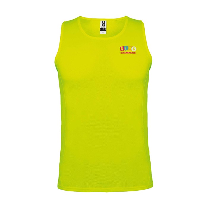 Camiseta deportivo infantil con etiqueta removible 140 g/m2 Roly color amarillo fluorescente vista impresión serigrafía Camiseta deportivo infantil con etiqueta removible 140 g/m2 Roly color amarillo fluorescente vista impresión serigrafía