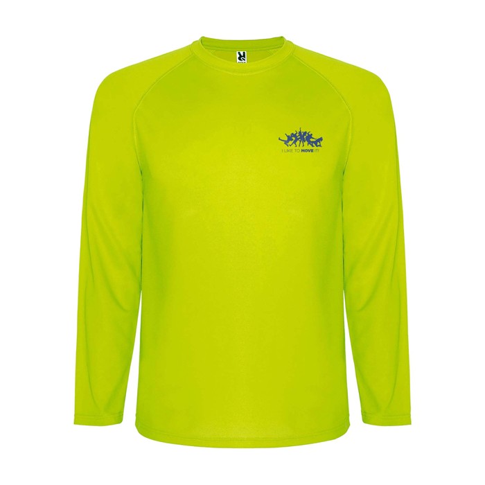 Camiseta técnica deportiva para niños de manga larga 150 g/m2 Roly color amarillo fluorescente vista impresión serigrafía Camiseta técnica deportiva para niños de manga larga 150 g/m2 Roly color amarillo fluorescente vista impresión serigrafía