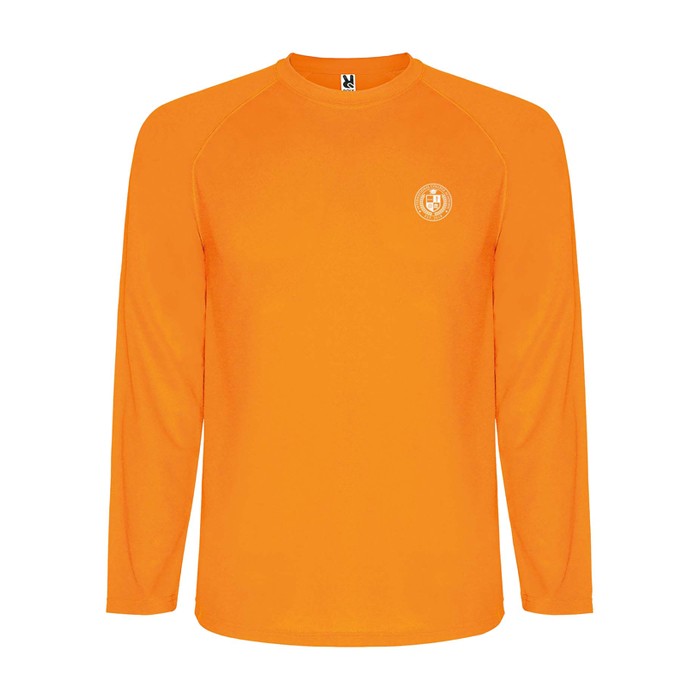 Camiseta técnica deportiva para niños de manga larga 150 g/m2 Roly color naranja fluorescente vista impresión serigrafía Camiseta técnica deportiva para niños de manga larga 150 g/m2 Roly color naranja fluorescente vista impresión serigrafía