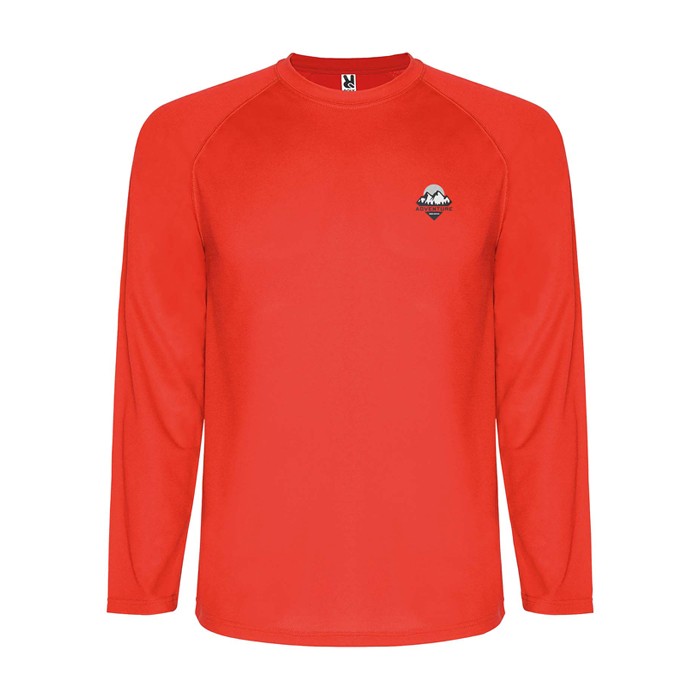 Camiseta técnica deportiva para niños de manga larga 150 g/m2 Roly color rojo vista impresión serigrafía Camiseta técnica deportiva para niños de manga larga 150 g/m2 Roly color rojo vista impresión serigrafía