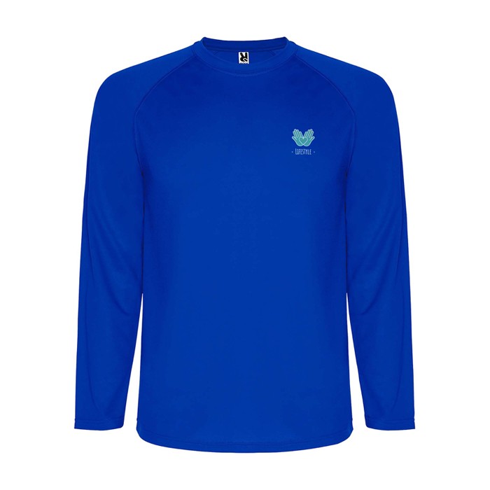 Camiseta técnica deportiva para niños de manga larga 150 g/m2 Roly color azul vista impresión serigrafía Camiseta técnica deportiva para niños de manga larga 150 g/m2 Roly color azul vista impresión serigrafía