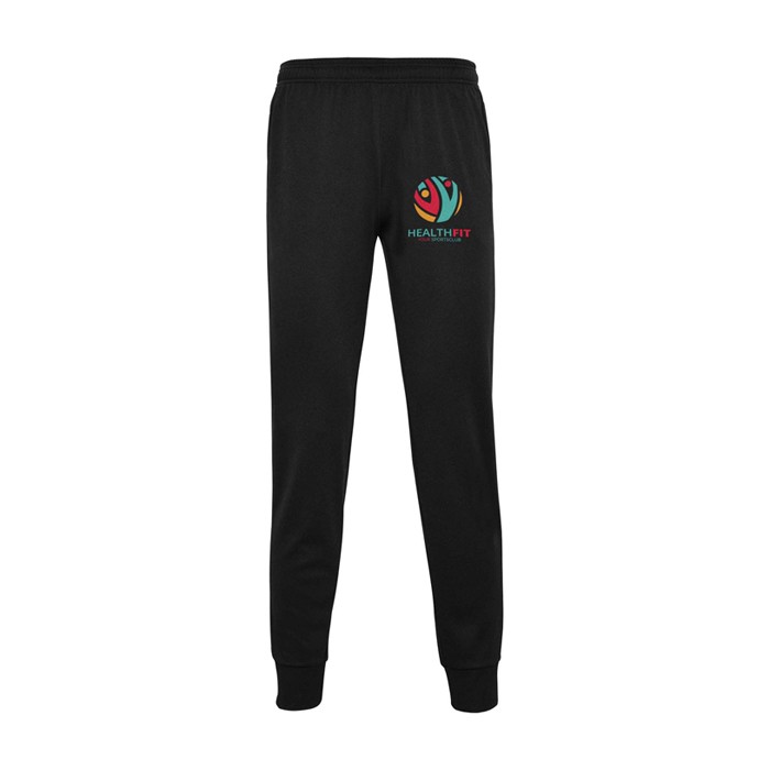 Pantalón infantil con cintura elástica de poliéster 220 g/m2 Roly color negro vista impresión serigrafía Pantalón infantil con cintura elástica de poliéster 220 g/m2 Roly color negro vista impresión serigrafía