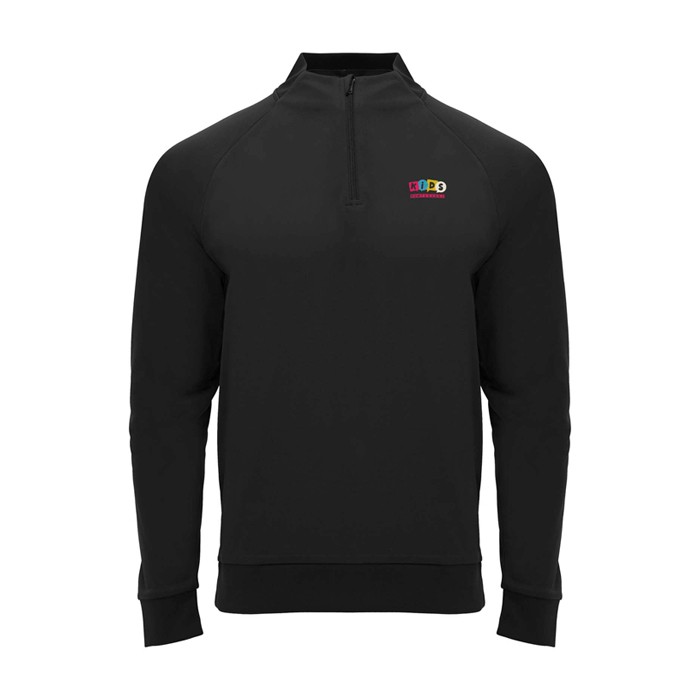 Sudadera infantil de manga larga con cremallera corta 200 g/m2 Roly color negro vista impresión serigrafía Sudadera infantil de manga larga con cremallera corta 200 g/m2 Roly color negro vista impresión serigrafía