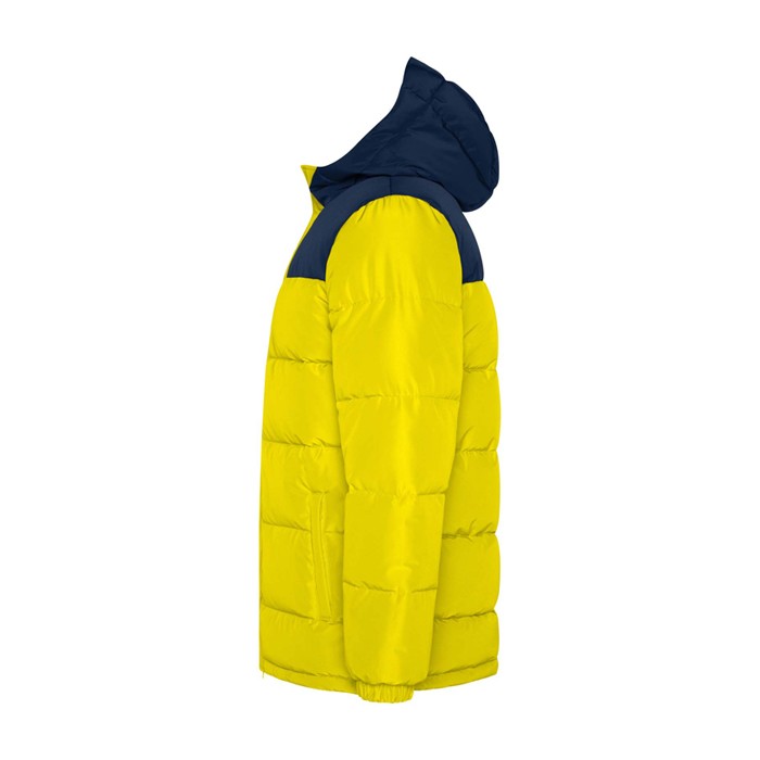 Chaqueta acolchada infantil de poliéster con puños elásticos Roly color amarillo vista lateral Chaqueta acolchada infantil de poliéster con puños elásticos Roly color amarillo vista lateral