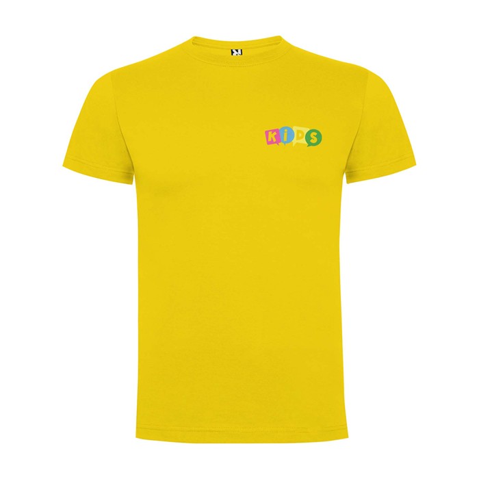 Camiseta infantil de manga corta de algodón en punto 165 g/m2 Roly color amarillo vista impresión serigrafía Camiseta infantil de manga corta de algodón en punto 165 g/m2 Roly color amarillo vista impresión serigrafía