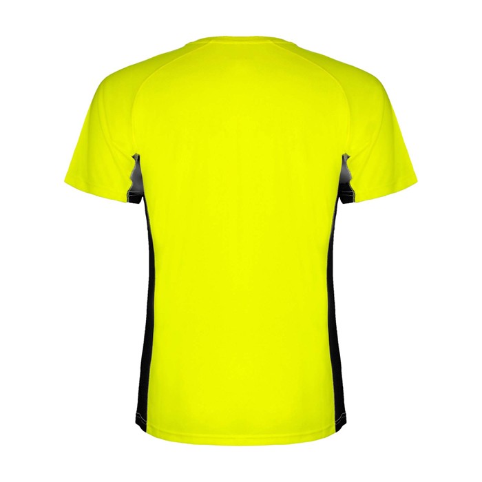 Camiseta deportiva infantil en bicolor de poliéster 140 g/m2 Roly color amarillo segunda vista trasera Camiseta deportiva infantil en bicolor de poliéster 140 g/m2 Roly color amarillo segunda vista trasera