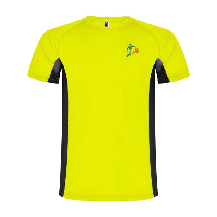 Camiseta deportiva infantil en bicolor de poliéster 140 g/m2 Roly color amarillo vista impresión serigrafía Camiseta deportiva infantil en bicolor de poliéster 140 g/m2 Roly color amarillo vista impresión serigrafía