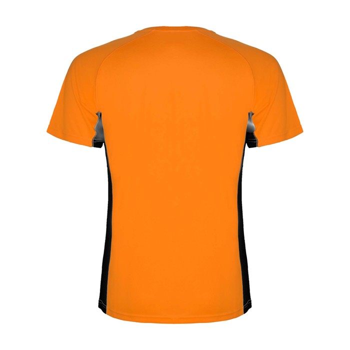 Camiseta deportiva infantil en bicolor de poliéster 140 g/m2 Roly color naranja segunda vista trasera Camiseta deportiva infantil en bicolor de poliéster 140 g/m2 Roly color naranja segunda vista trasera
