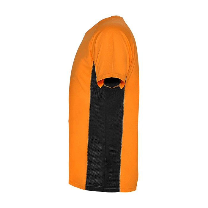 Camiseta deportiva infantil en bicolor de poliéster 140 g/m2 Roly color naranja vista lateral Camiseta deportiva infantil en bicolor de poliéster 140 g/m2 Roly color naranja vista lateral