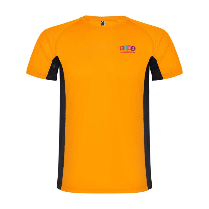 Camiseta deportiva infantil en bicolor de poliéster 140 g/m2 Roly color naranja vista impresión serigrafía Camiseta deportiva infantil en bicolor de poliéster 140 g/m2 Roly color naranja vista impresión serigrafía