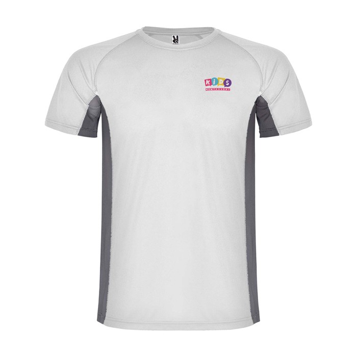 Camiseta deportiva infantil en bicolor de poliéster 140 g/m2 Roly color blanco vista impresión serigrafía Camiseta deportiva infantil en bicolor de poliéster 140 g/m2 Roly color blanco vista impresión serigrafía