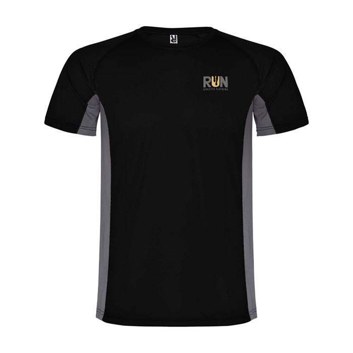 Camiseta deportiva infantil en bicolor de poliéster 140 g/m2 Roly color negro vista impresión serigrafía Camiseta deportiva infantil en bicolor de poliéster 140 g/m2 Roly color negro vista impresión serigrafía