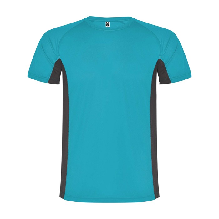 Camiseta deportiva infantil en bicolor de poliéster 140 g/m2 Roly color turquesa Camiseta deportiva infantil en bicolor de poliéster 140 g/m2 Roly color turquesa