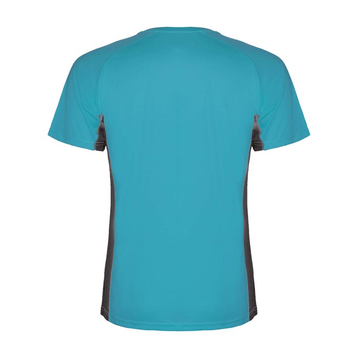 Camiseta deportiva infantil en bicolor de poliéster 140 g/m2 Roly color turquesa segunda vista trasera Camiseta deportiva infantil en bicolor de poliéster 140 g/m2 Roly color turquesa segunda vista trasera
