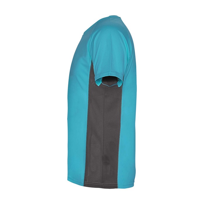 Camiseta deportiva infantil en bicolor de poliéster 140 g/m2 Roly color turquesa vista lateral Camiseta deportiva infantil en bicolor de poliéster 140 g/m2 Roly color turquesa vista lateral