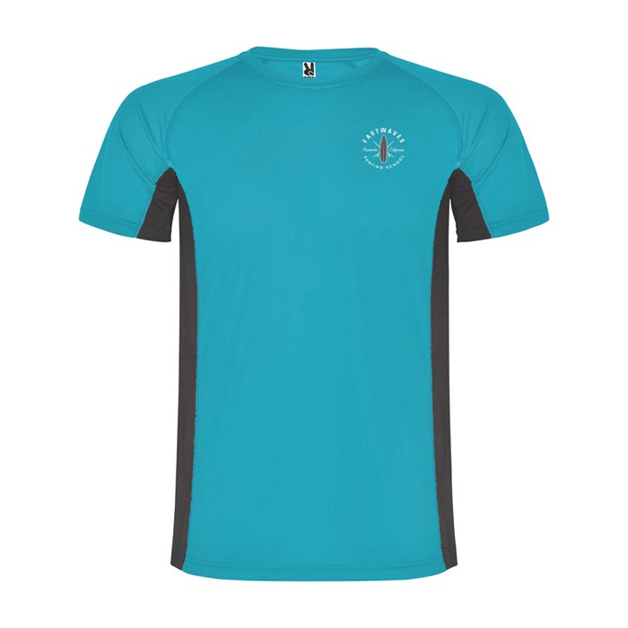 Camiseta deportiva infantil en bicolor de poliéster 140 g/m2 Roly color turquesa vista impresión serigrafía Camiseta deportiva infantil en bicolor de poliéster 140 g/m2 Roly color turquesa vista impresión serigrafía