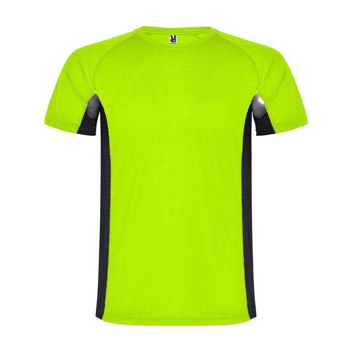 Camiseta deportiva infantil en bicolor de poliéster 140 g/m2 Roly color verde fluorescente Camiseta deportiva infantil en bicolor de poliéster 140 g/m2 Roly color verde fluorescente