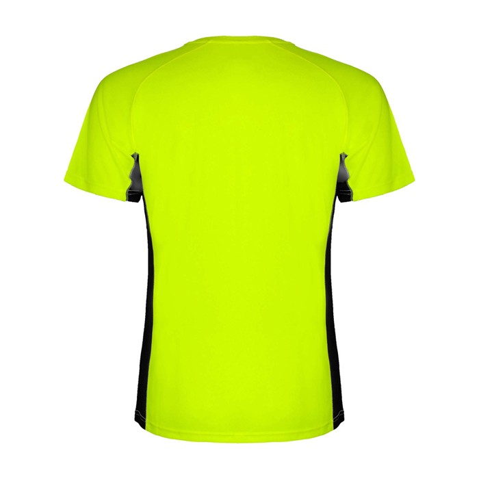 Camiseta deportiva infantil en bicolor de poliéster 140 g/m2 Roly color verde fluorescente segunda vista trasera Camiseta deportiva infantil en bicolor de poliéster 140 g/m2 Roly color verde fluorescente segunda vista trasera