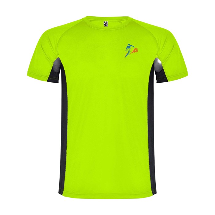 Camiseta deportiva infantil en bicolor de poliéster 140 g/m2 Roly color verde fluorescente vista impresión serigrafía Camiseta deportiva infantil en bicolor de poliéster 140 g/m2 Roly color verde fluorescente vista impresión serigrafía