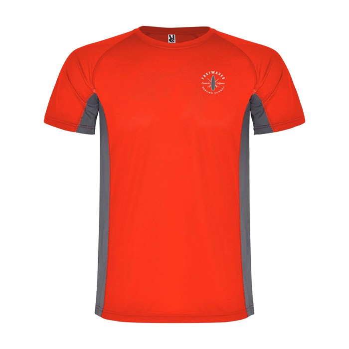 Camiseta deportiva infantil en bicolor de poliéster 140 g/m2 Roly color rojo vista impresión serigrafía Camiseta deportiva infantil en bicolor de poliéster 140 g/m2 Roly color rojo vista impresión serigrafía