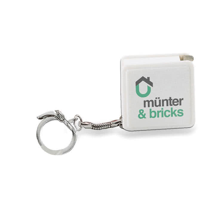 Llavero con cinta métrica de 1m color Blanco impreso